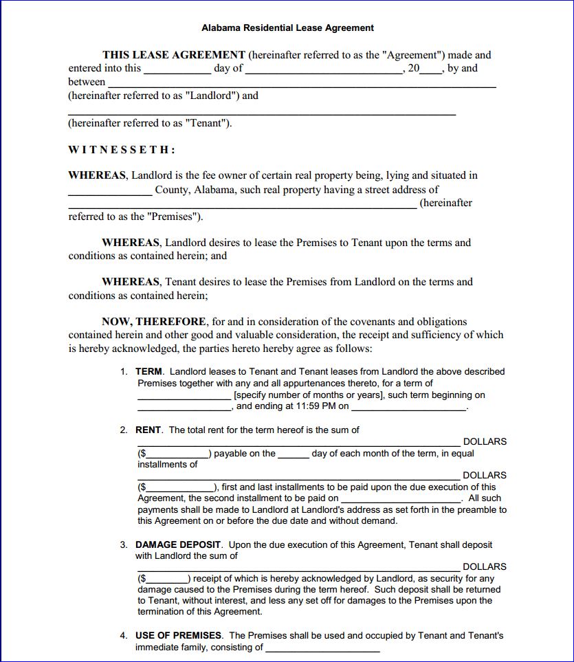 Free Printable Alabama Residential Lease Agreement - Printable Inside free residential lease agreement template