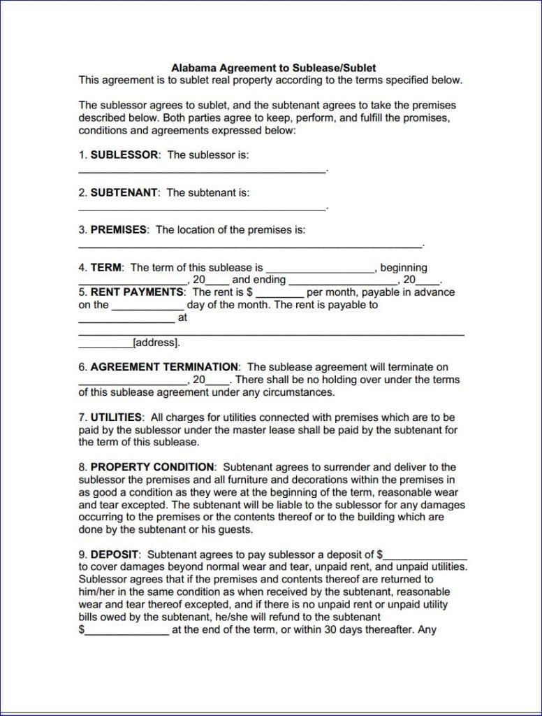 Alabama Sublease Agreement Form