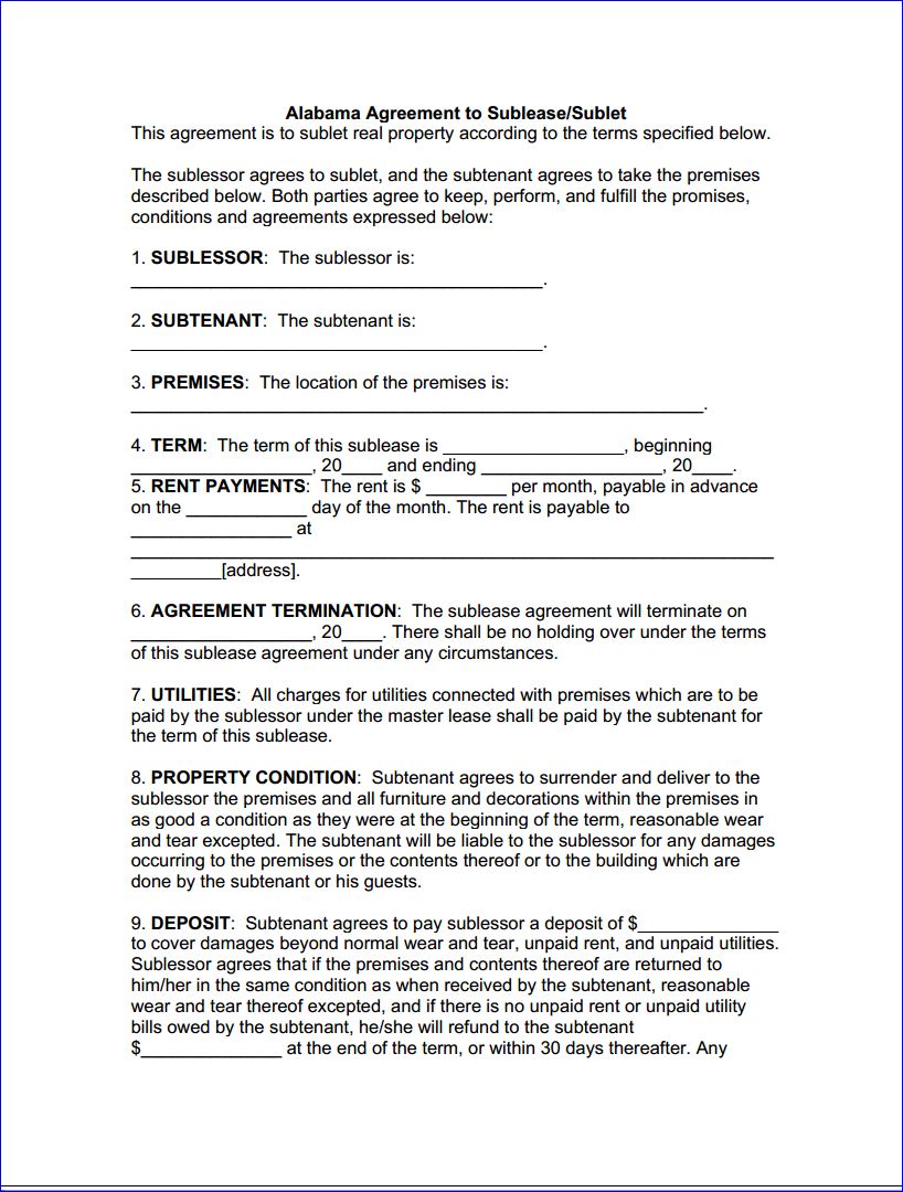 free printable alabama sublease agreement printable agreements