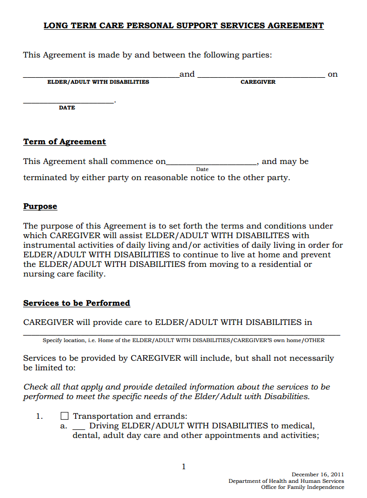 Long Term Care Personal Support Agreement