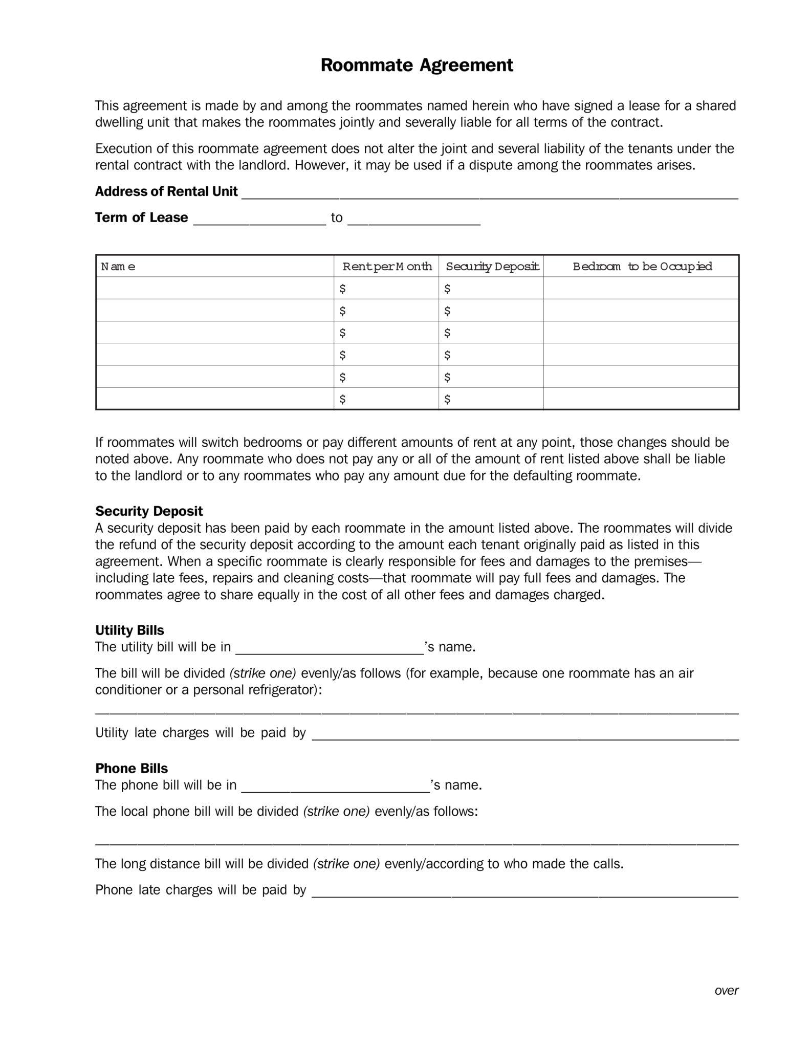 Free Printable Roommate Agreement - Printable Agreements