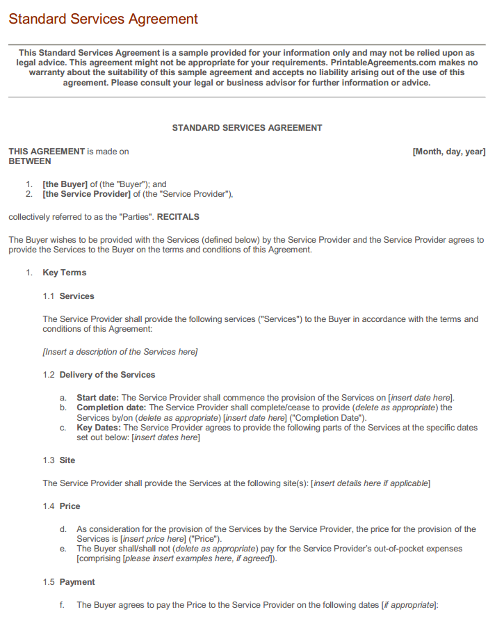 standard service agreement template